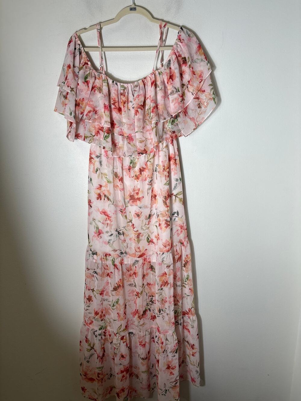 BB Dakota Peachy Pink Floral Off the Shoulder Ruffle MAxi Dress Sz XS